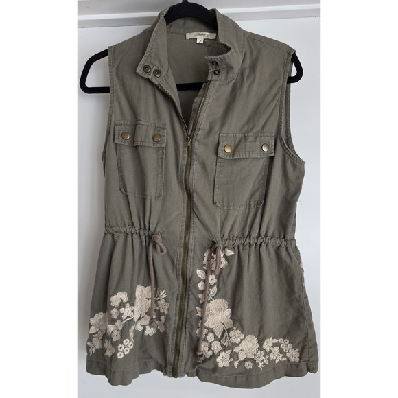 ANDREE BY UNIT Jackets & Blazers - Andree by Unit Womens Vest L Olive Sleeveless Jacket White Floral Embroidery
